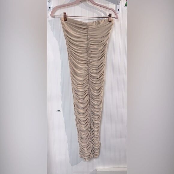 Naked Wardrobe Gold Maxi Pencil Skirt Ruched Cocktail Sz S - Picture 2 of 9